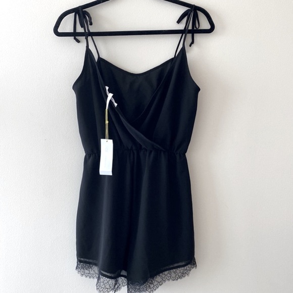 BCBGeneration Tie Strap Lace Trim Romper in Black - Picture 8 of 10